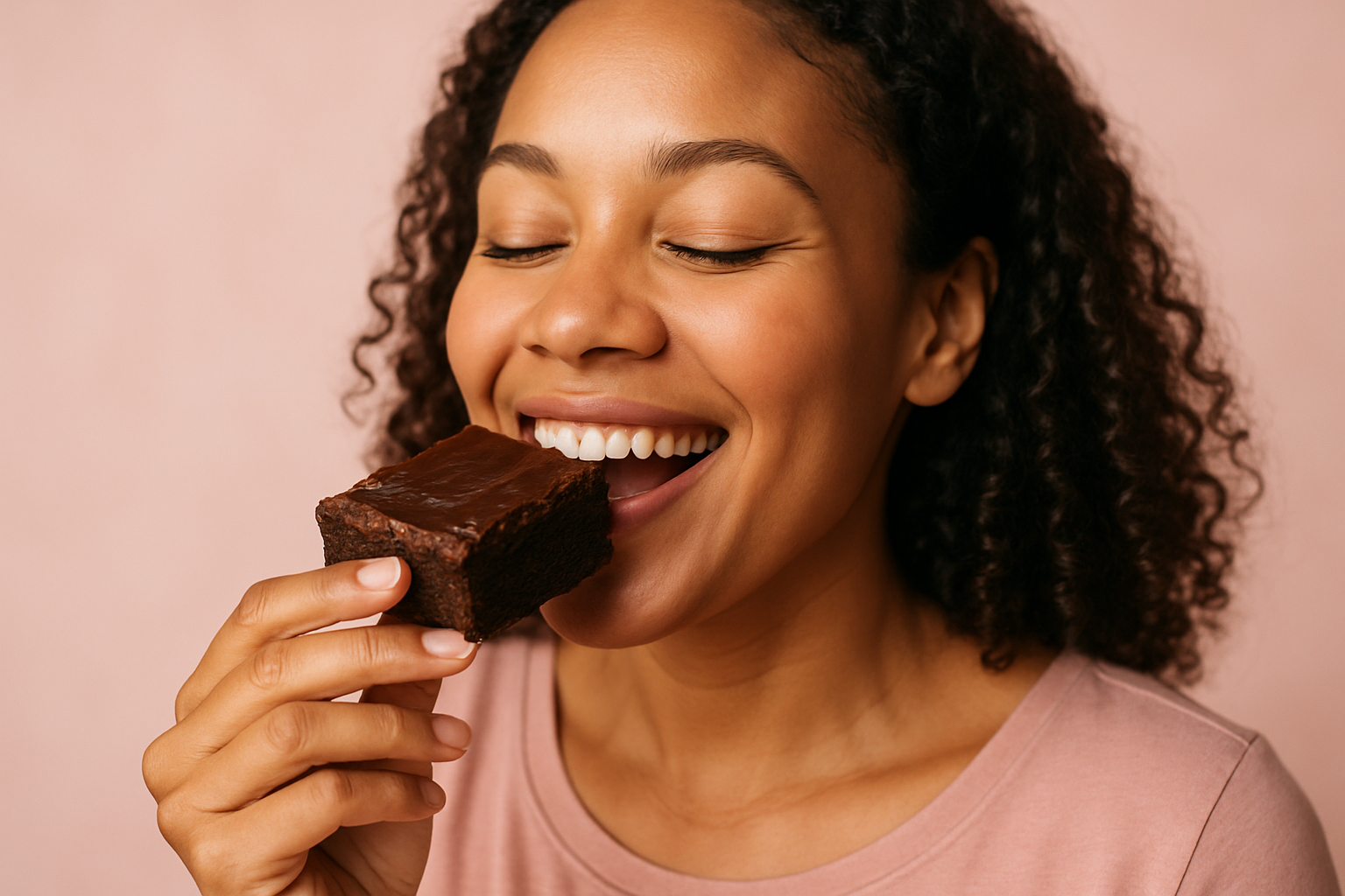 single women enjoying brownie in hand in paster pink background