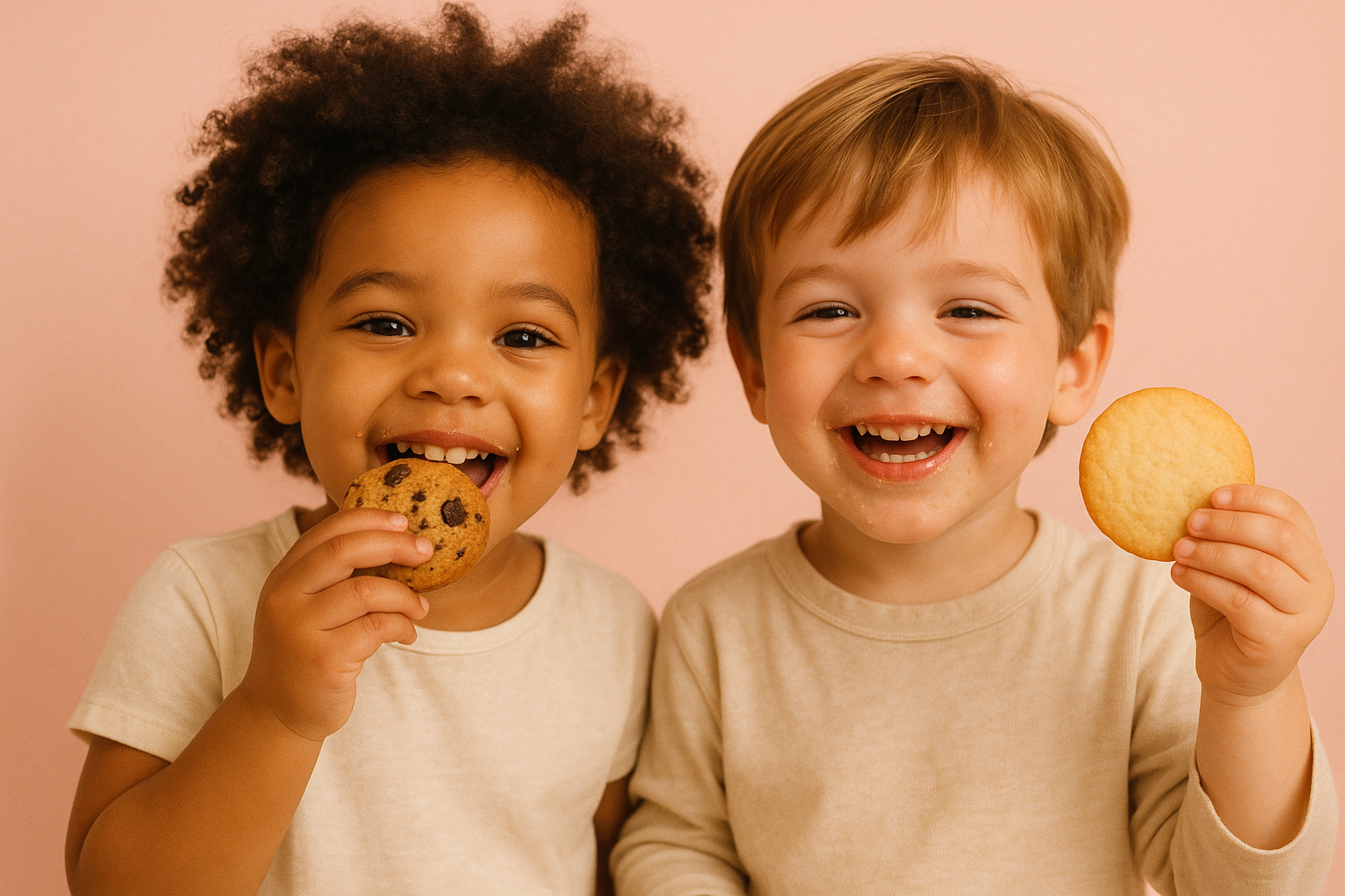 two kids enjoying cookie in hand in pastel pink background